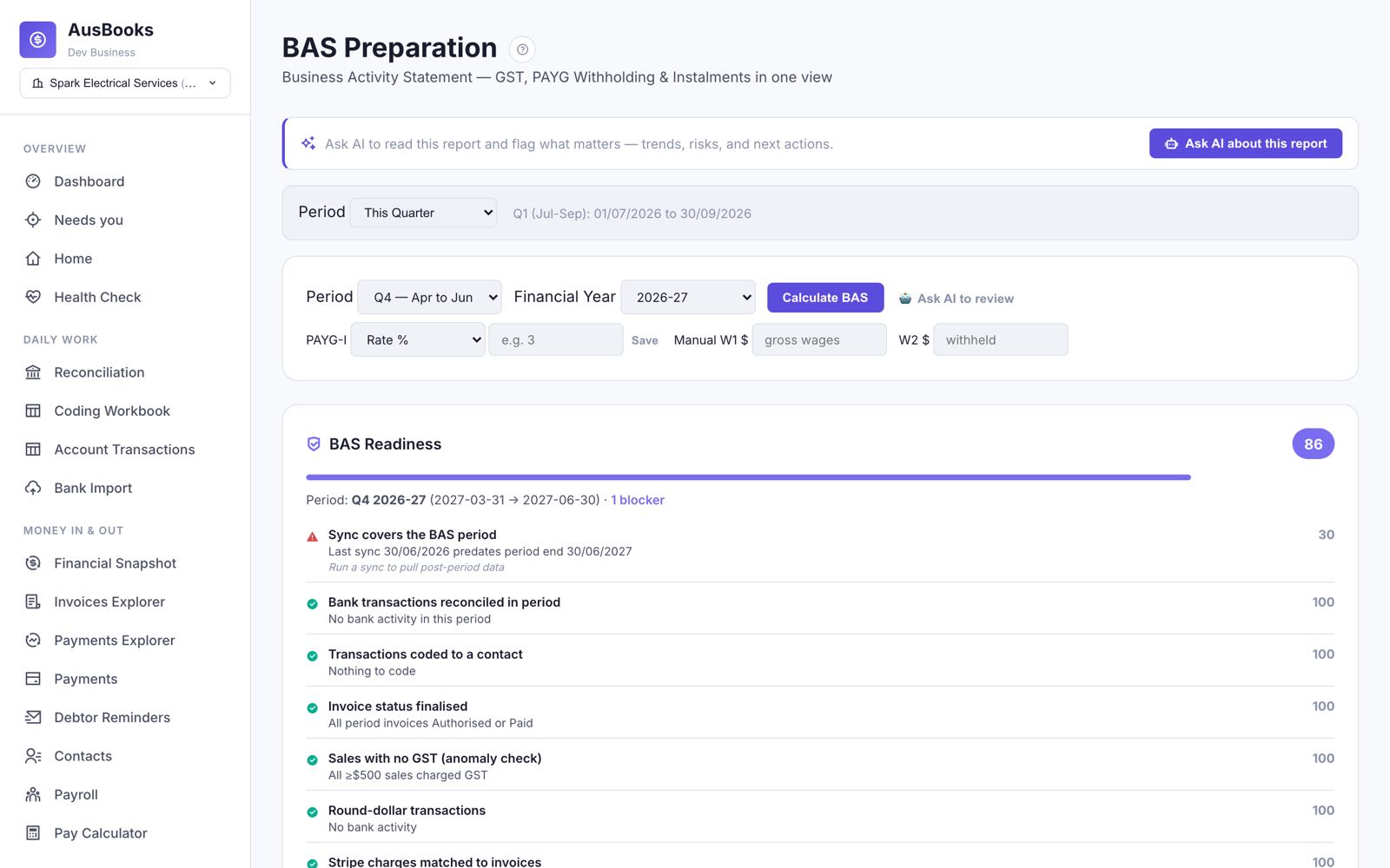 BAS preparation with GST, PAYG and a readiness score