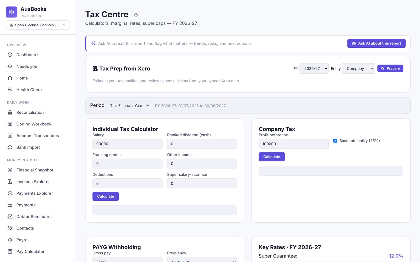 Tax centre with individual and company calculators and current-year rates